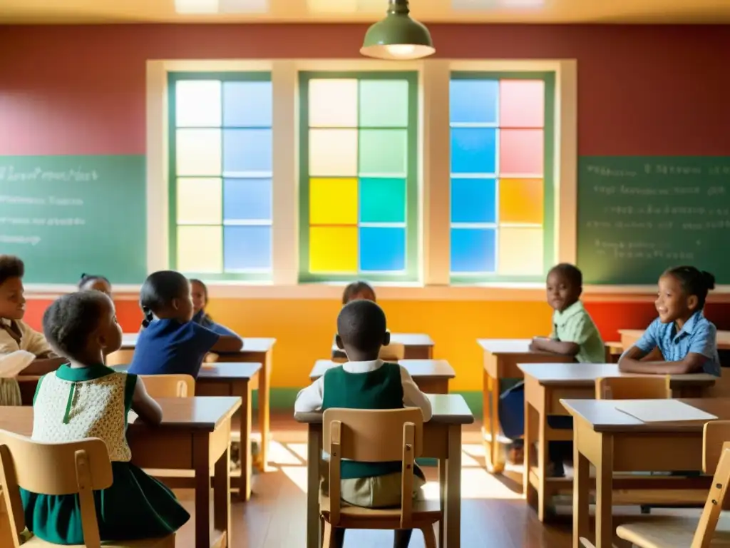 En un aula vintage, niños participan en un proyecto artístico mientras la maestra destaca la integración de patrones artísticos en educación primaria