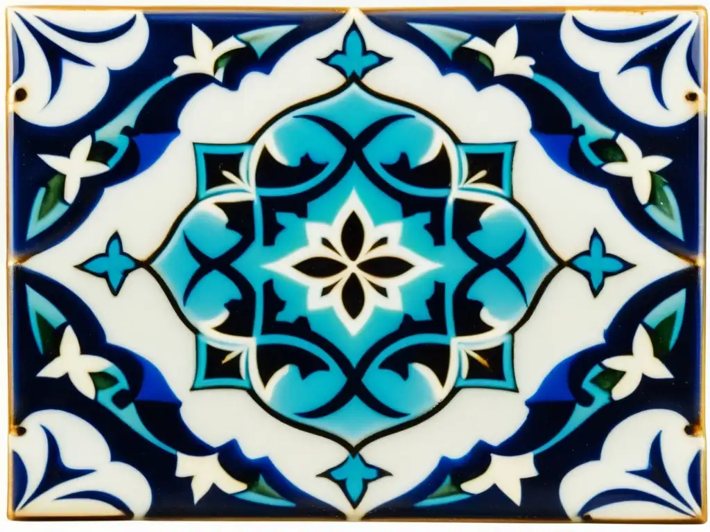 Un azulejo cerámico islámico vintage con patrones artísticos en tonos de azul, turquesa y blanco, con motivos florales y caligrafía árabe