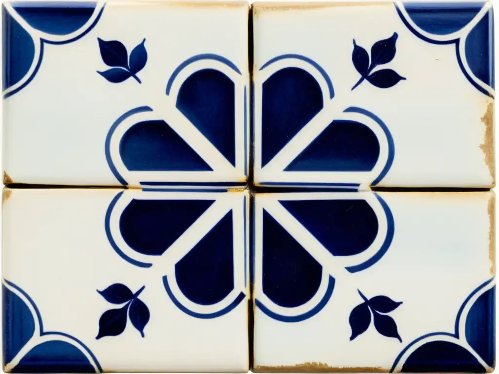 Un azulejo portugués pintado a mano con patrones artísticos azules y blancos, con grietas y bordes desgastados, evocando encanto y nostalgia vintage