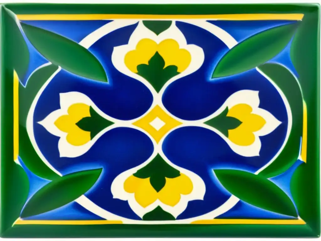 Un azulejo portugués bellamente pintado a mano con motivos florales en azul, blanco y amarillo, resaltando la tradición de azulejos portugueses