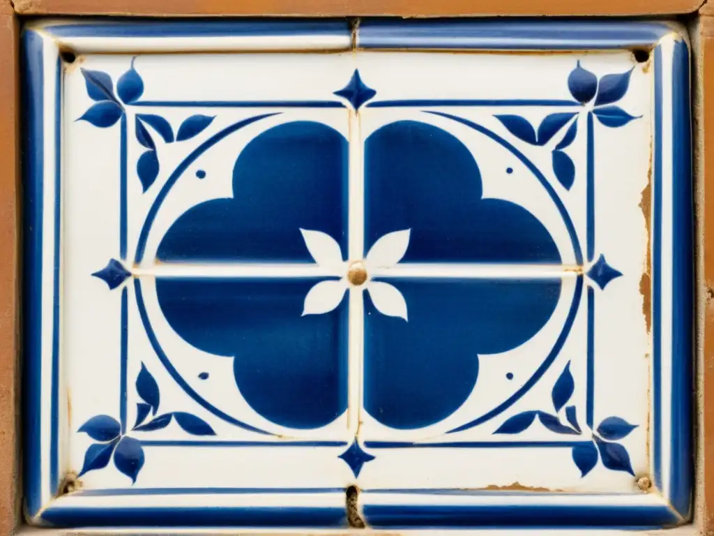 Un azulejo portugués vintage bellamente conservado con intrincados patrones florales azules y blancos, enmarcado por bordes de terracota envejecidos