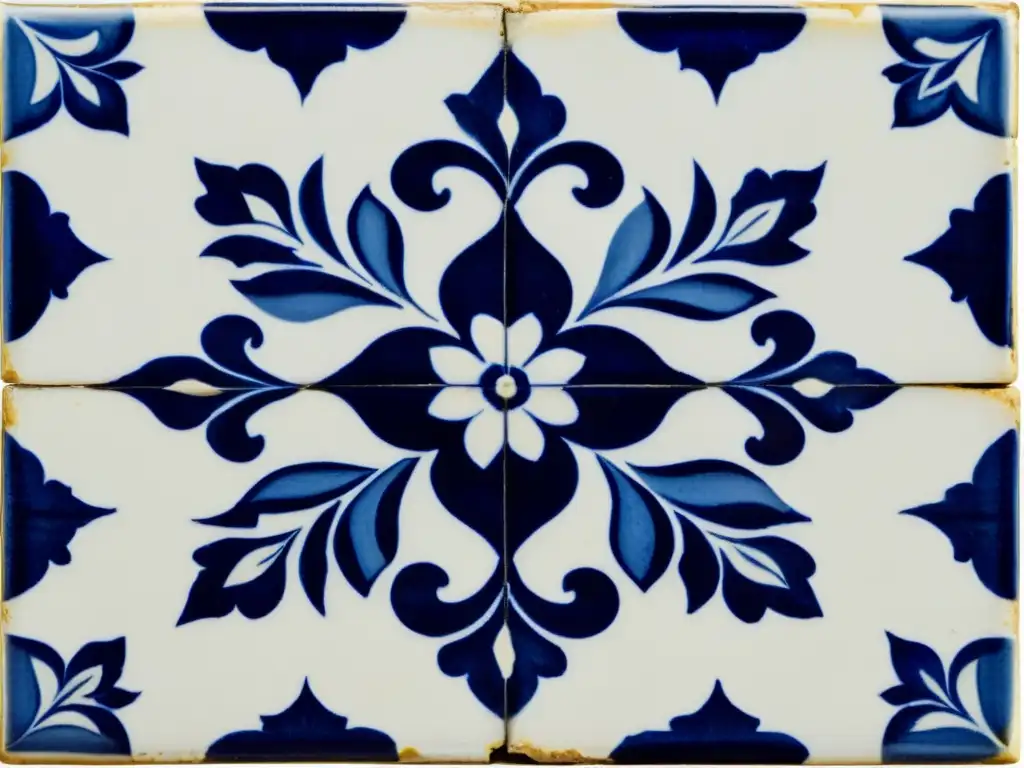 Un azulejo portugués vintage con detalles florales azules y blancos, evocando la tradición de azulejos portugueses