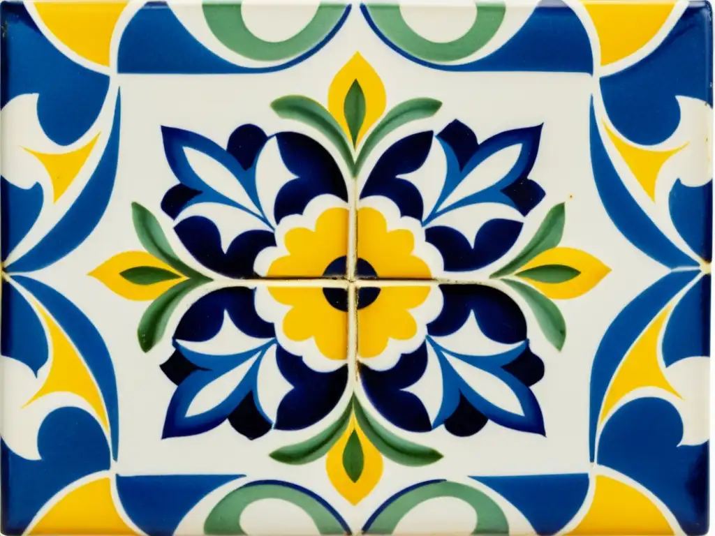 Un azulejo portugués vintage muestra un diseño geométrico y motivos florales en azul, amarillo y blanco