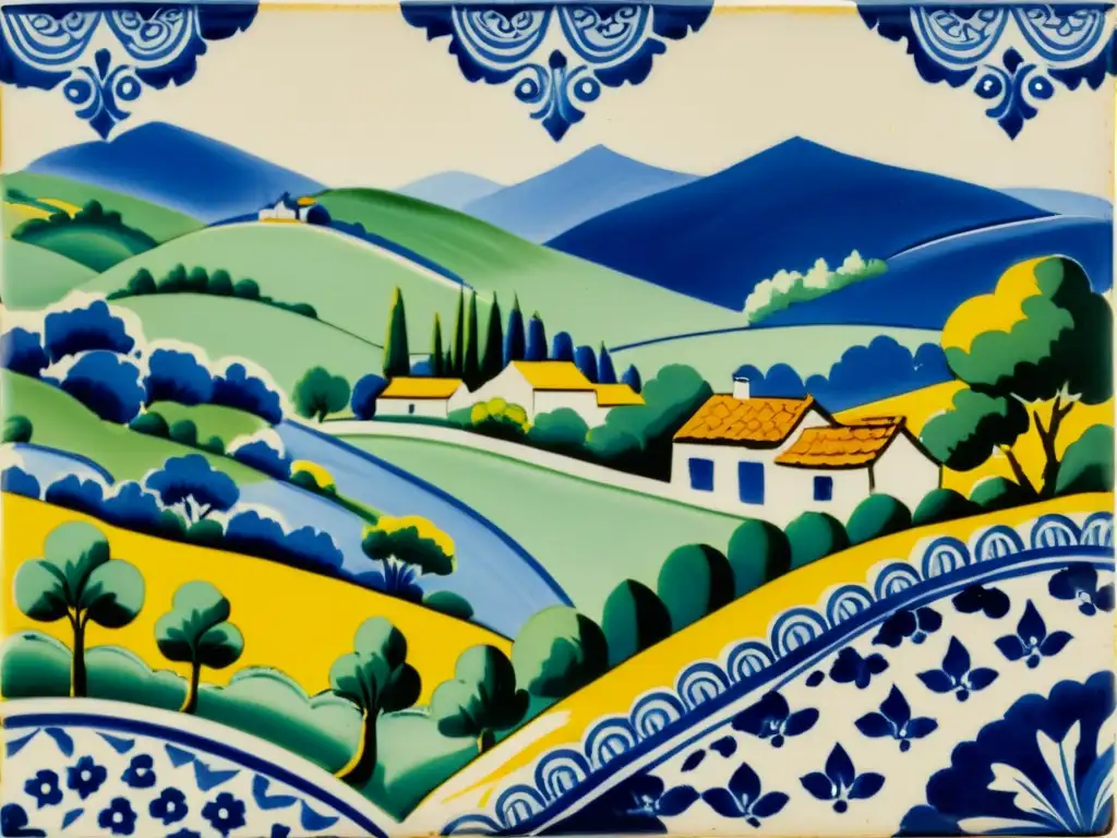 Un azulejo portugués vintage con escenas campestres y viñedos, mostrando detalles pintados a mano con un aspecto envejecido y desgastado