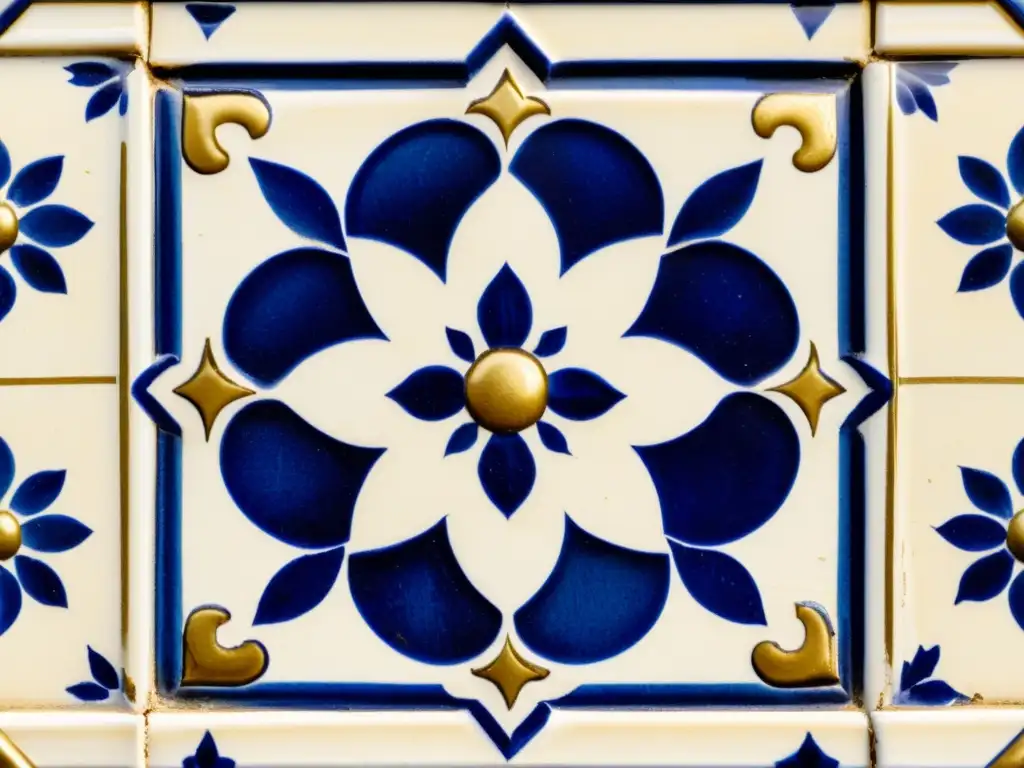 Un azulejo portugués vintage con intrincados patrones florales en azul cobalto y blanco, acentos de oro envejecido