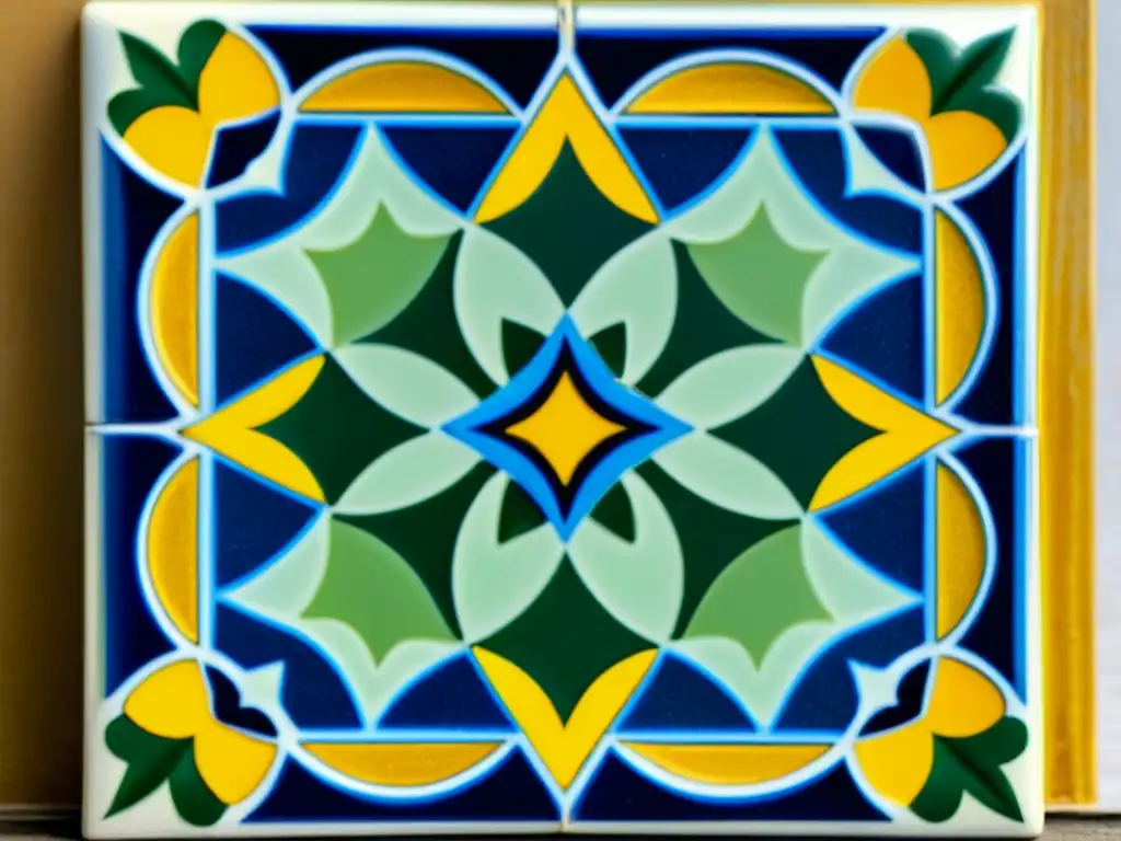 Un azulejo vintage con diseño de patrones en cerámica digital en tonos azules, verdes y dorados