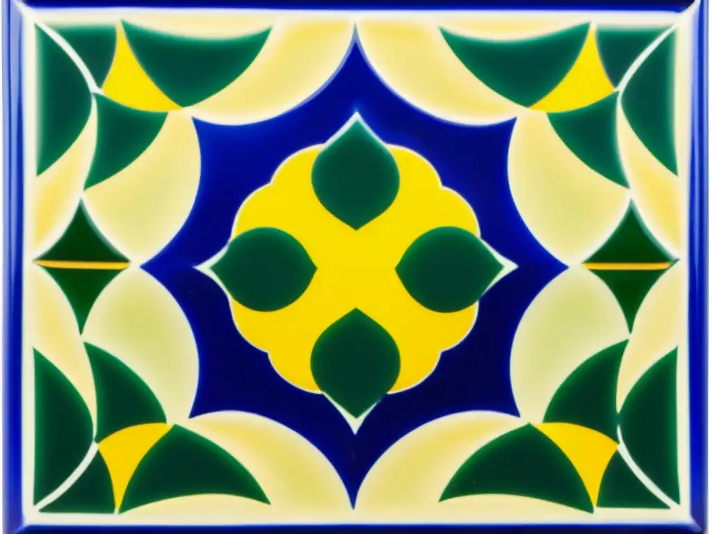 Un azulejo vintage pintado a mano con intrincados patrones geométricos moriscos en tonos vibrantes de azul cobalto, verde esmeralda y amarillo dorado