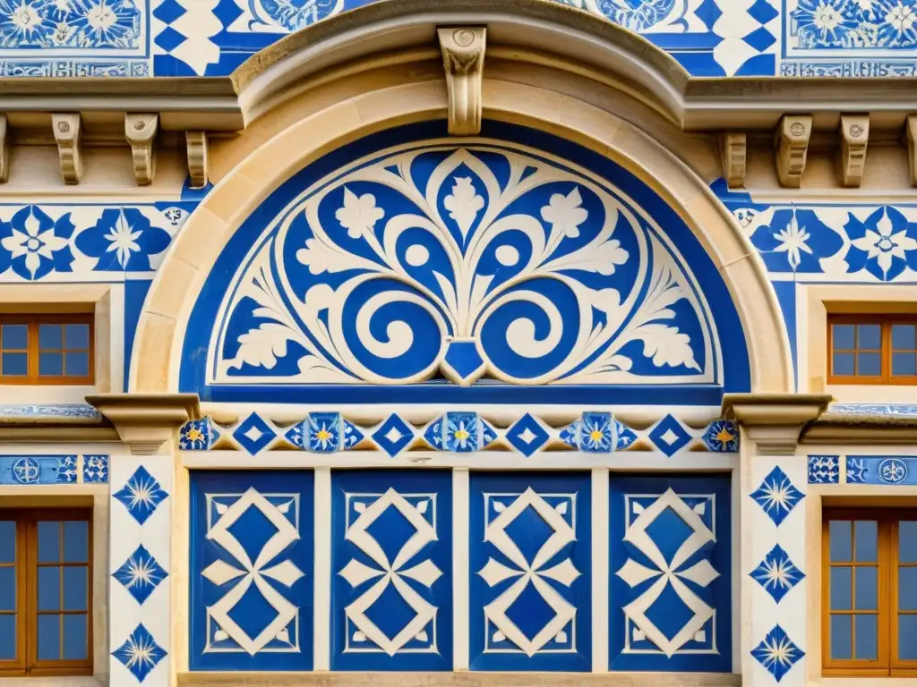 Tradición de azulejos portugueses: Un mural vintage de azulejos portugueses en una fachada histórica, con patrones intrincados y colores vibrantes