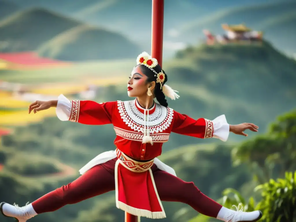 Un bailarín Papantla cuelga cabeza abajo de un alto poste con un colorido traje rojo y blanco, destacando patrones artísticos en festivales