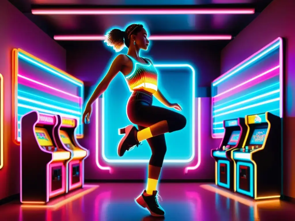 Un bailarín pixelado en medio de luces neón vibrantes, evocando la emoción de los juegos de música