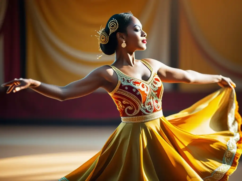 Un bailarín tradicional gira con un traje vibrante, capturando patrones de danzas tradicionales en una atmósfera nostálgica y alegre