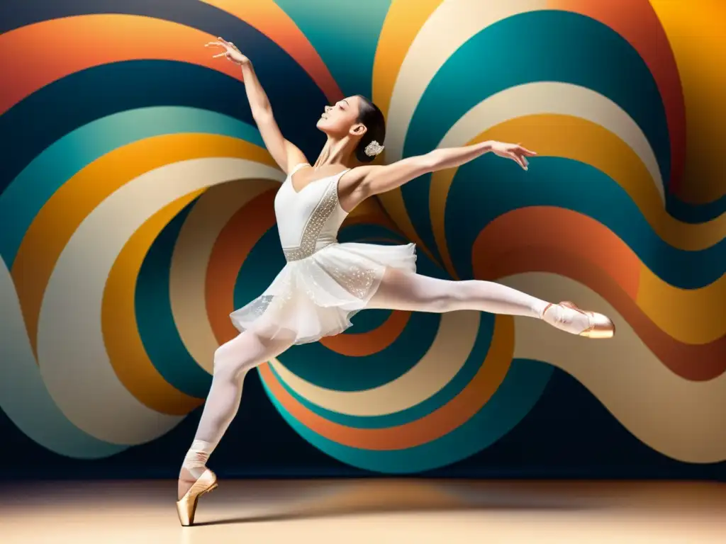 Una bailarina en AR con un vestido blanco, movimientos elegantes y patrones artísticos de danza en realidad aumentada