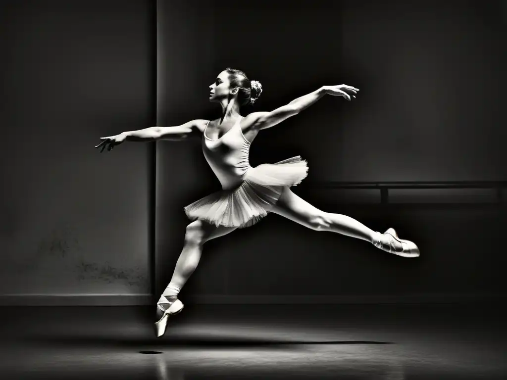 Una bailarina en blanco y negro salta con gracia en un escenario con sombras dramáticas, evocando patrones artísticos de danza en realidad aumentada