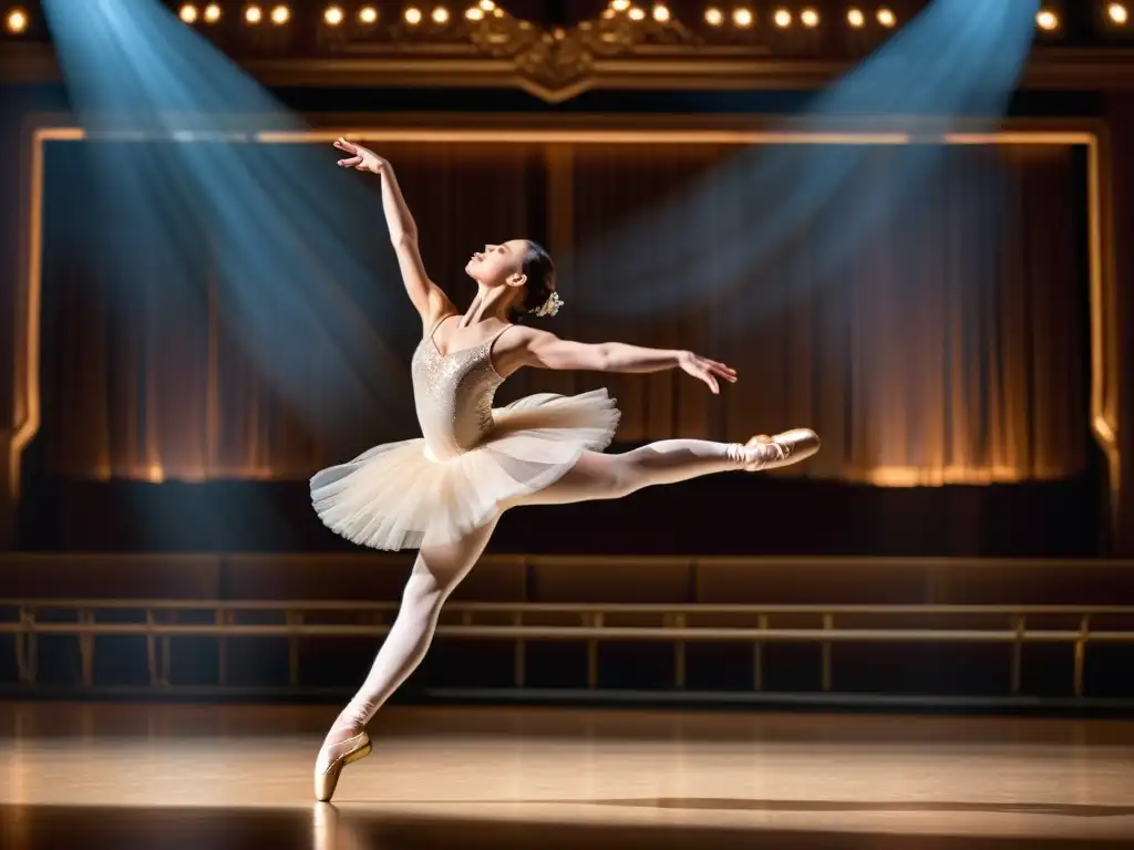 Una bailarina vintage salta grácilmente en el escenario, con su tutú y zapatillas de ballet capturando la belleza etérea de la danza