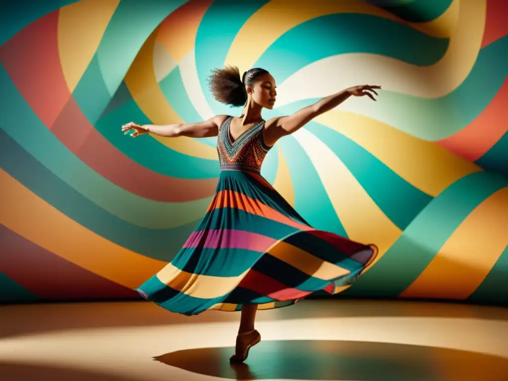 Una bailarina con vestido de patrones artísticos en realidad aumentada, moviéndose con gracia entre coloridos patrones geométricos