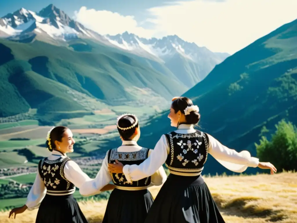 Baile tradicional en el Festival Folclórico de los Pirineos, con patrones artísticos culturas del mundo y majestuosas montañas de fondo