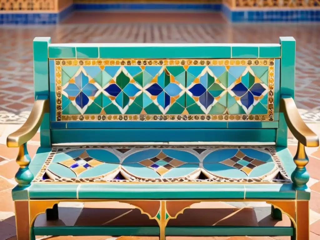 Un banco de azulejos estilo morisco, con patrones intrincados en tonos terracota, azul y esmeralda, en una plaza urbana animada