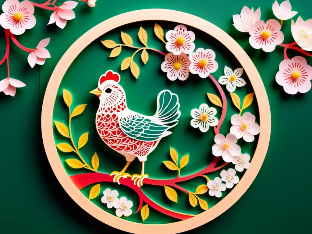 Una bella obra de arte de papercut chino con patrones artísticos Festival Primavera China, enmarcada por delicadas flores de cerezo en plena floración