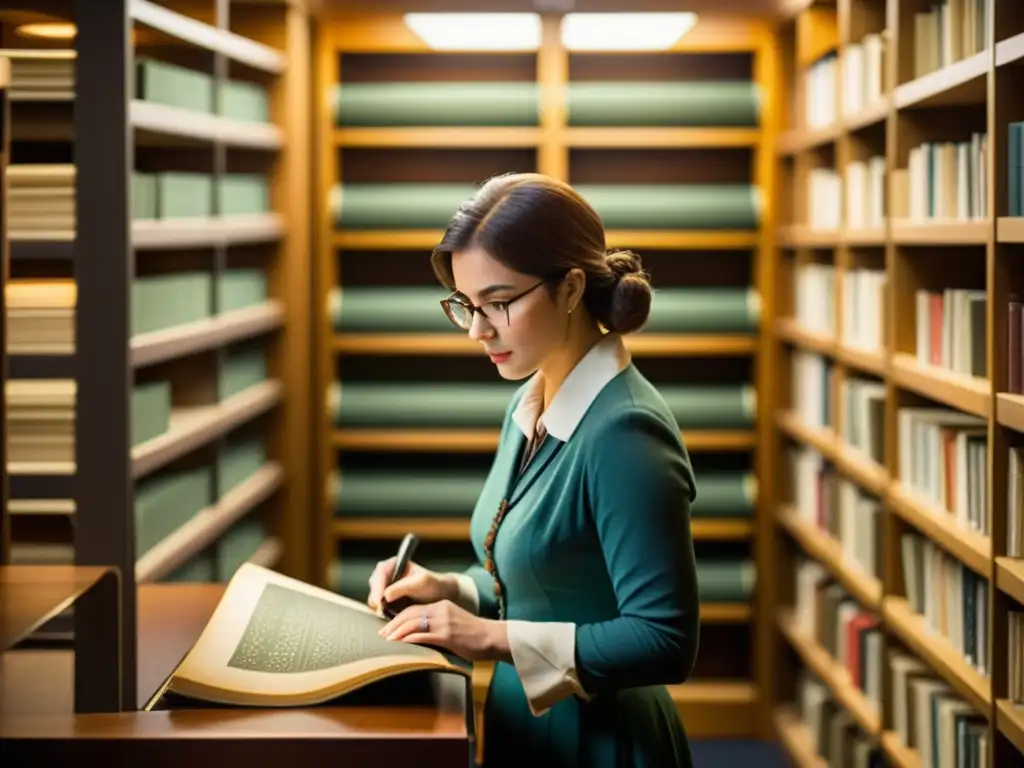 Un bibliotecario digitaliza con cuidado un patrón textil antiguo en una biblioteca atmosférica