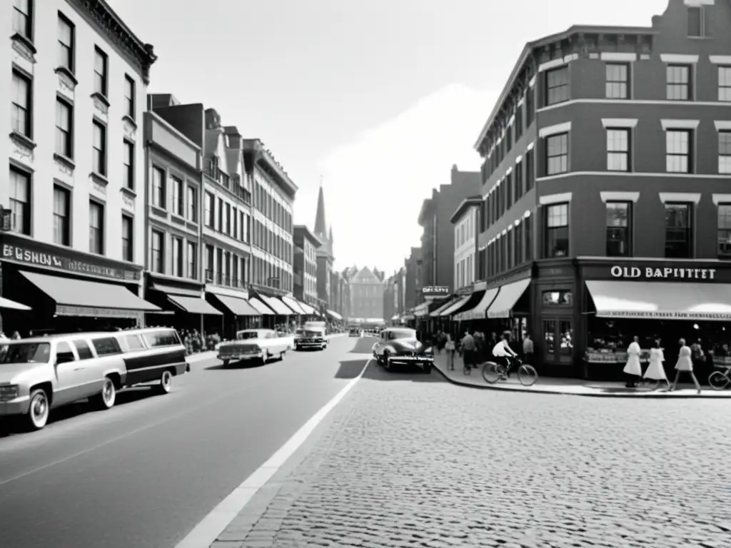 Una fotografía en blanco y negro de una bulliciosa calle suburbana en una gran ciudad, capturando la arquitectura, el diseño urbano y la diversidad de personas y actividades