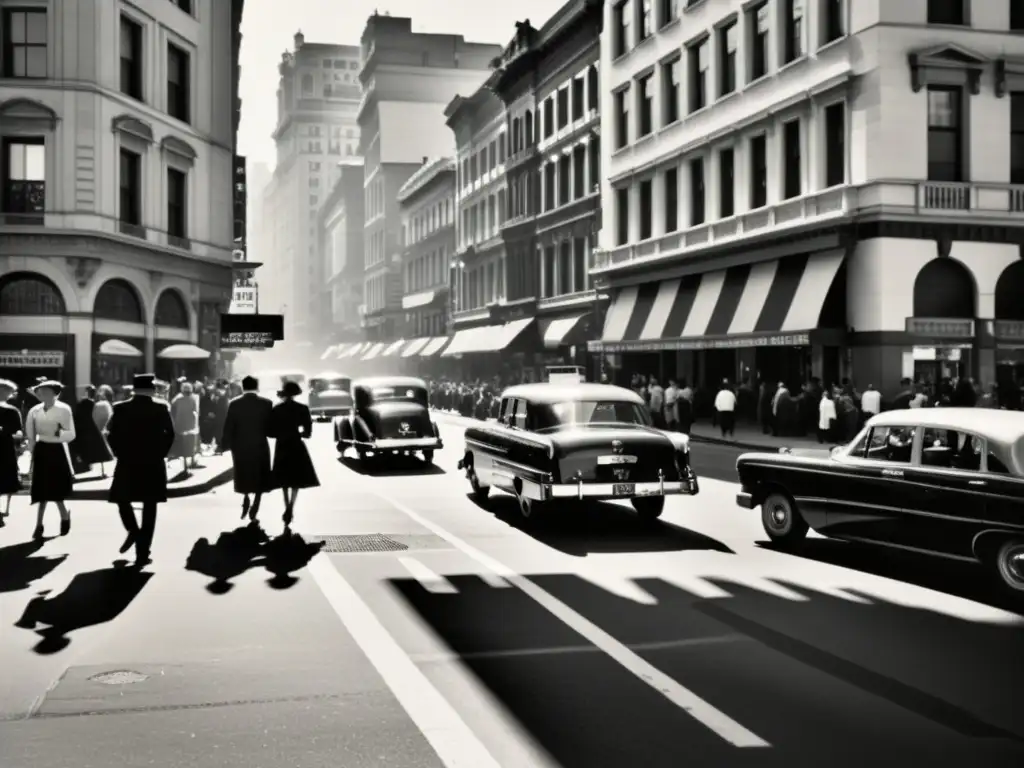 Una fotografía vintage en blanco y negro de una bulliciosa calle de la ciudad