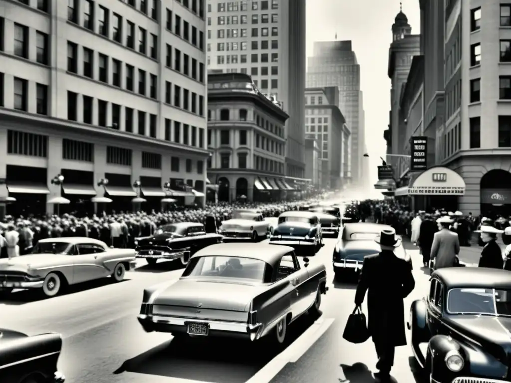 Una fotografía vintage en blanco y negro de una bulliciosa calle de la ciudad con autos clásicos, edificios icónicos y personas con atuendos de época