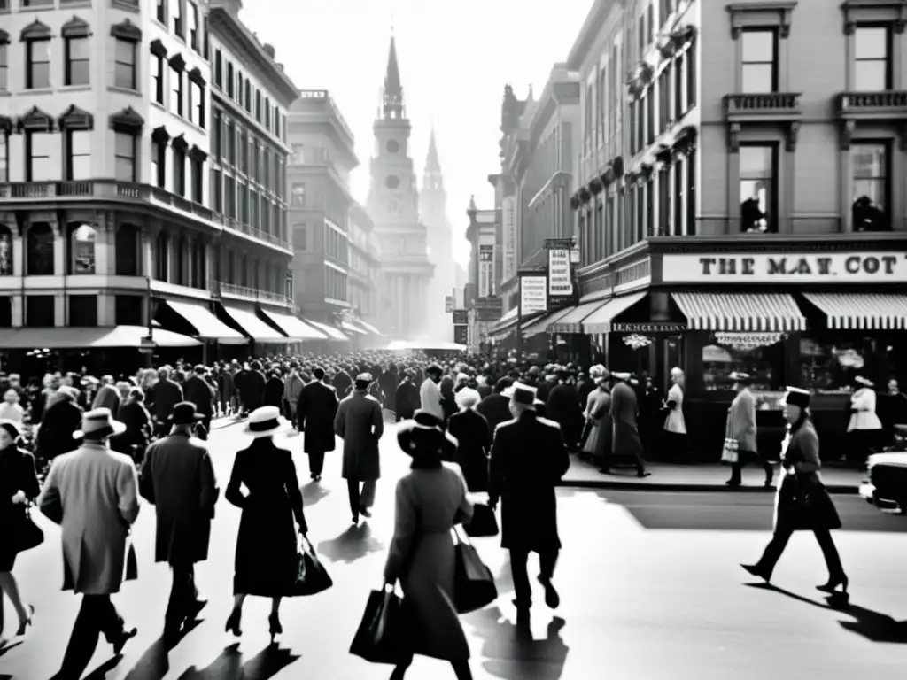 Una fotografía en blanco y negro de una bulliciosa calle de la ciudad, capturando el impacto del flujo peatonal en el diseño urbano