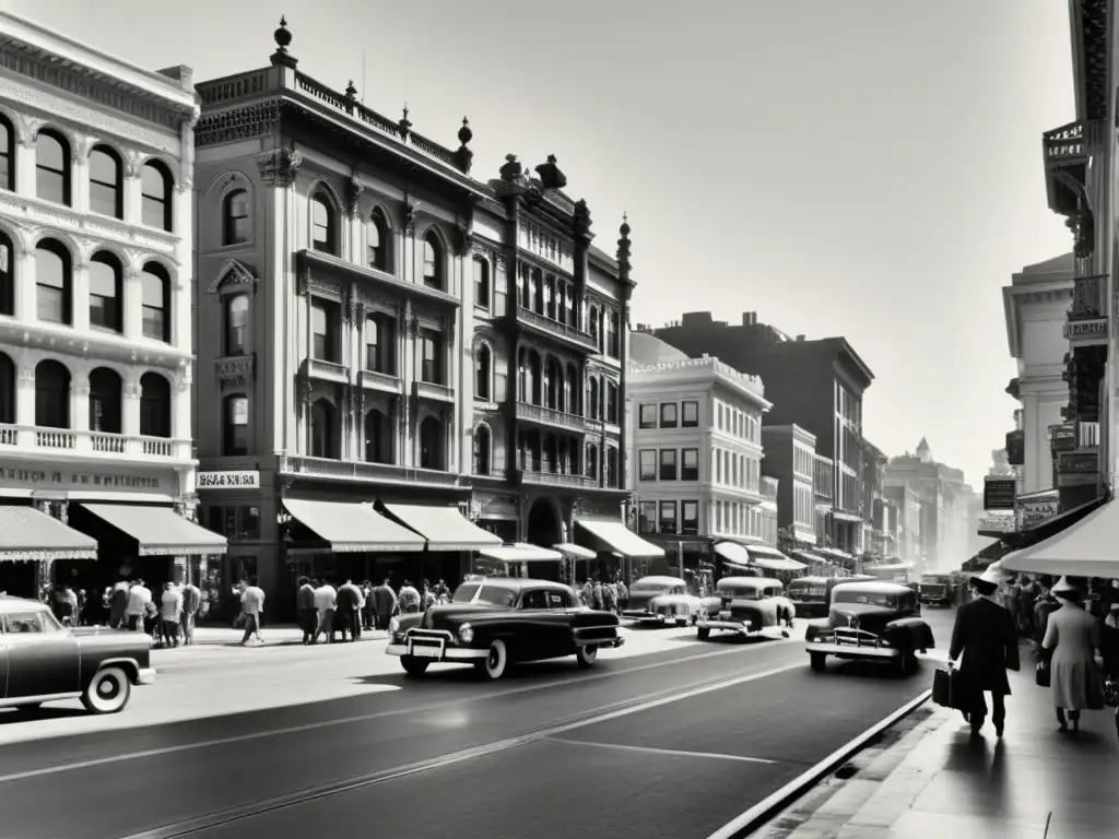 Una fotografía en blanco y negro de una bulliciosa calle urbana con edificios históricos y patrones artísticos en espacios urbanos