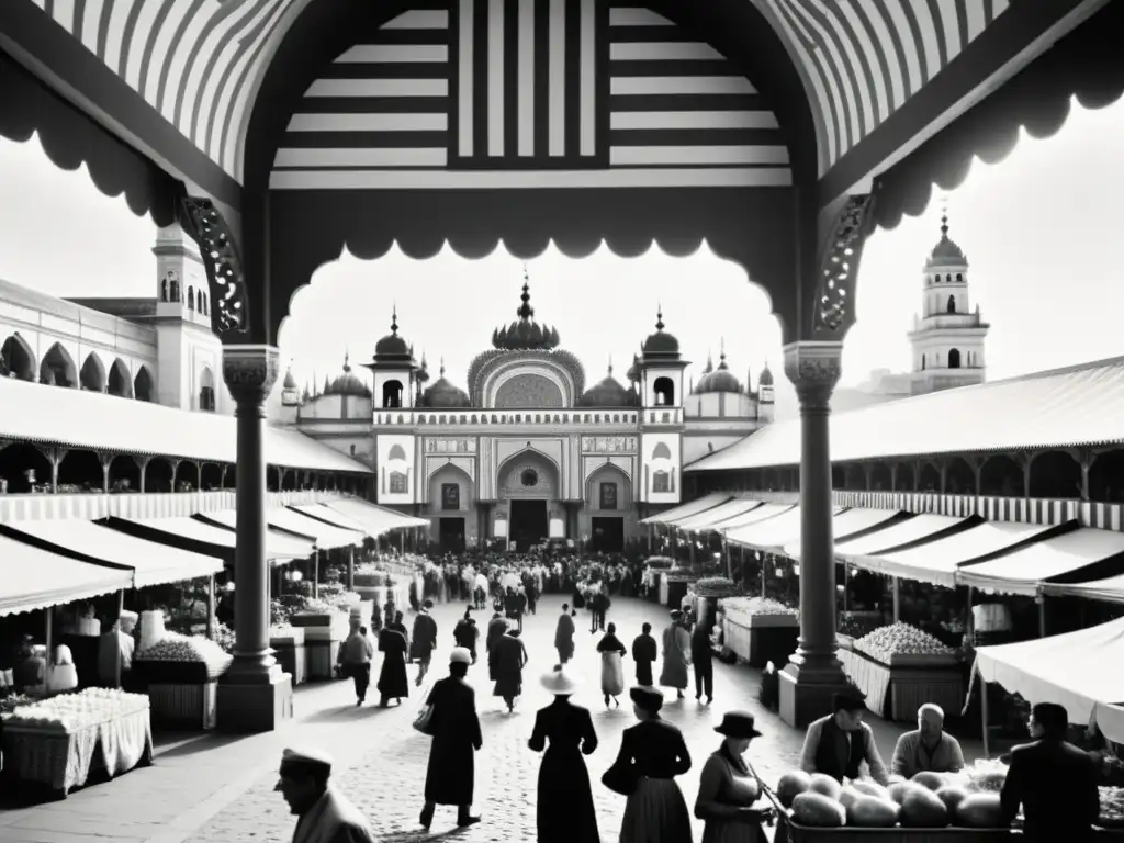 Una fotografía en blanco y negro de un bullicioso mercado en un país extranjero, con patrones arquitectónicos y detalles ornamentados