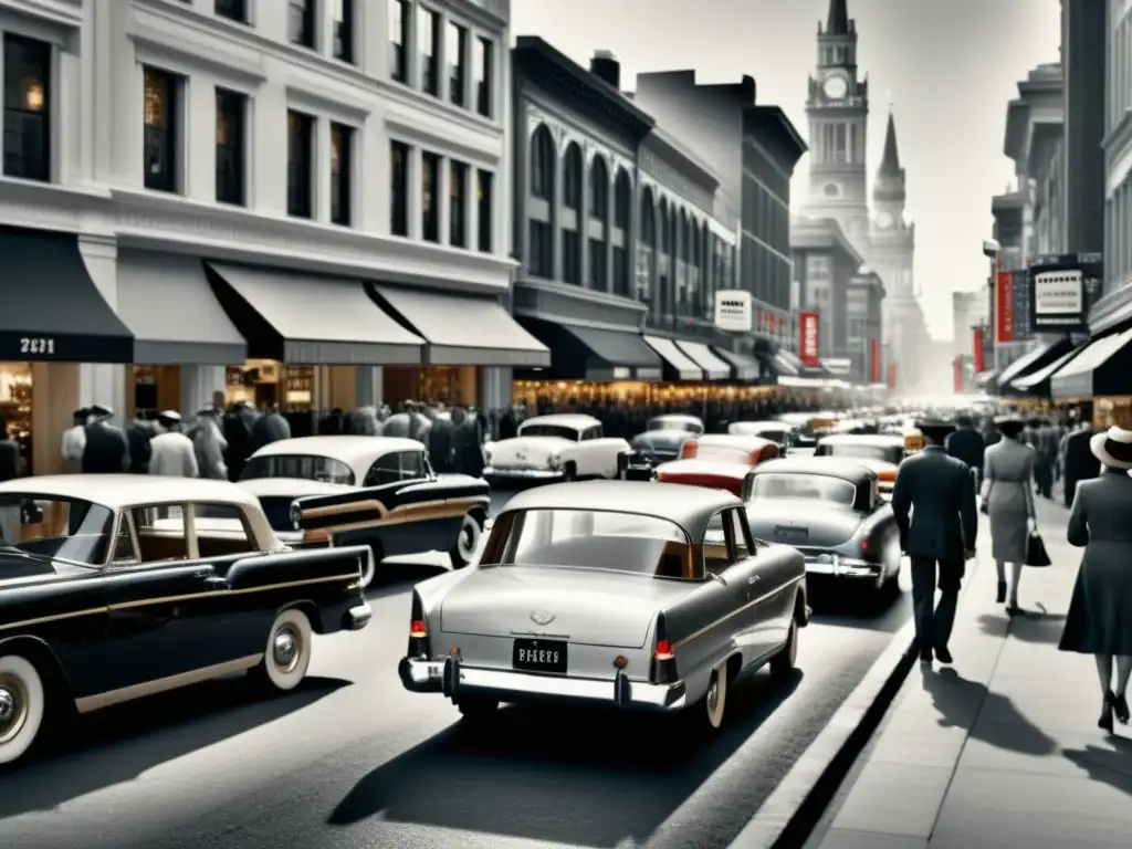 Una fotografía vintage en blanco y negro de una concurrida calle de la ciudad, con coches clásicos, peatones elegantemente vestidos y tiendas icónicas de marcas globales