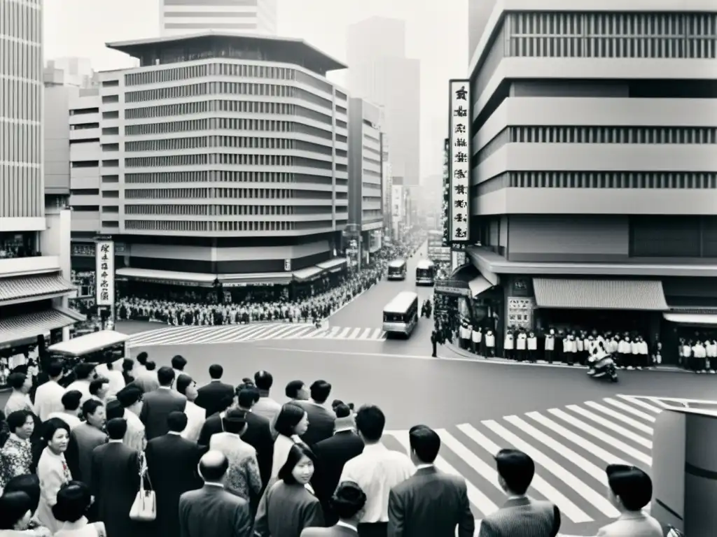 Una fotografía en blanco y negro de una concurrida esquina de Tokio, capturando la vida urbana con patrones artísticos