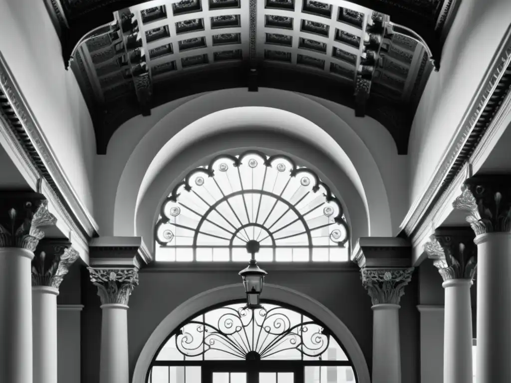 Arquitectura histórica: fachada simétrica con detalles ornamentados Una fotografía en blanco y negro de la fachada simétrica de un edificio histórico, con detalles arquitectónicos intrincados y una luz etérea que resalta los patrones artísticos en la arquitectura