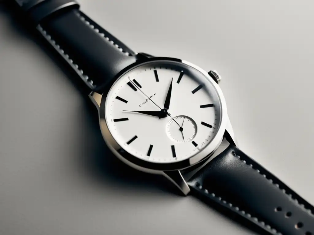 Una fotografía en blanco y negro de un reloj de pulsera minimalista, con un diseño elegante y atemporal