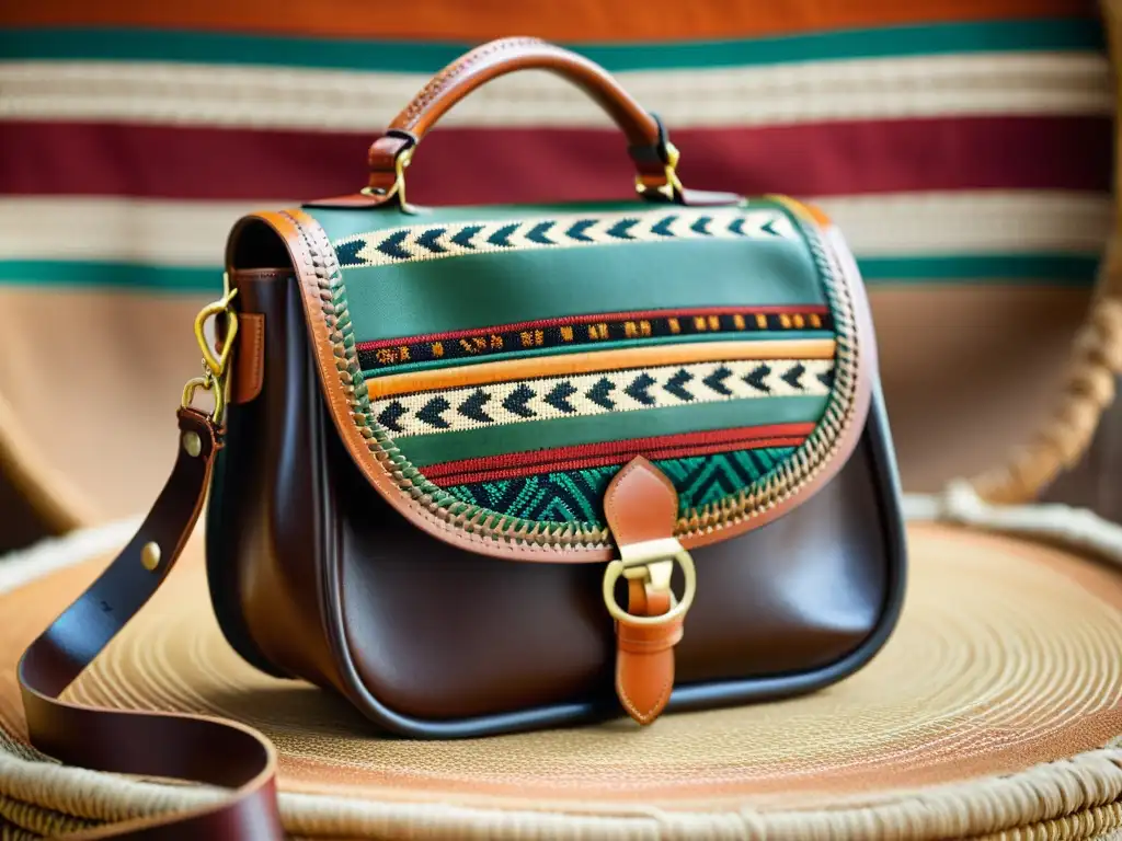 Un bolso de cuero vintage con patrones étnicos en tonos tierra, envejecido pero detallado, sobre textiles coloridos