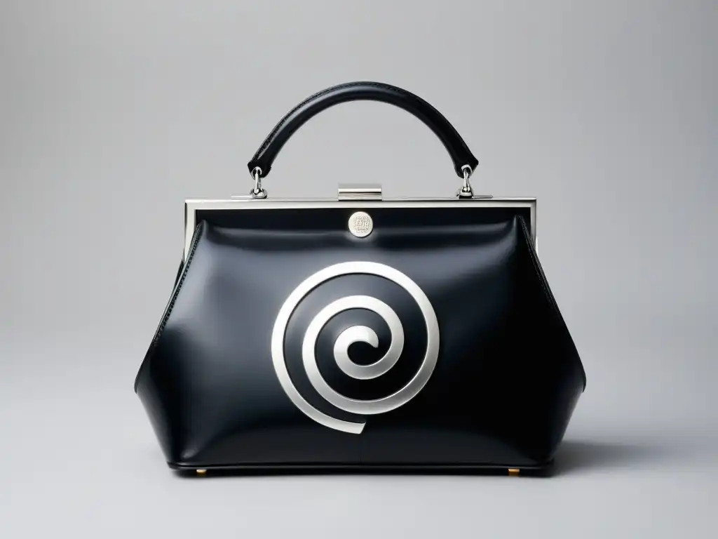 Bolso de cuero negro con patrón Guggenheim Un bolso de mano vintage de cuero negro con patrón geométrico inspirado en el Guggenheim de Nueva York