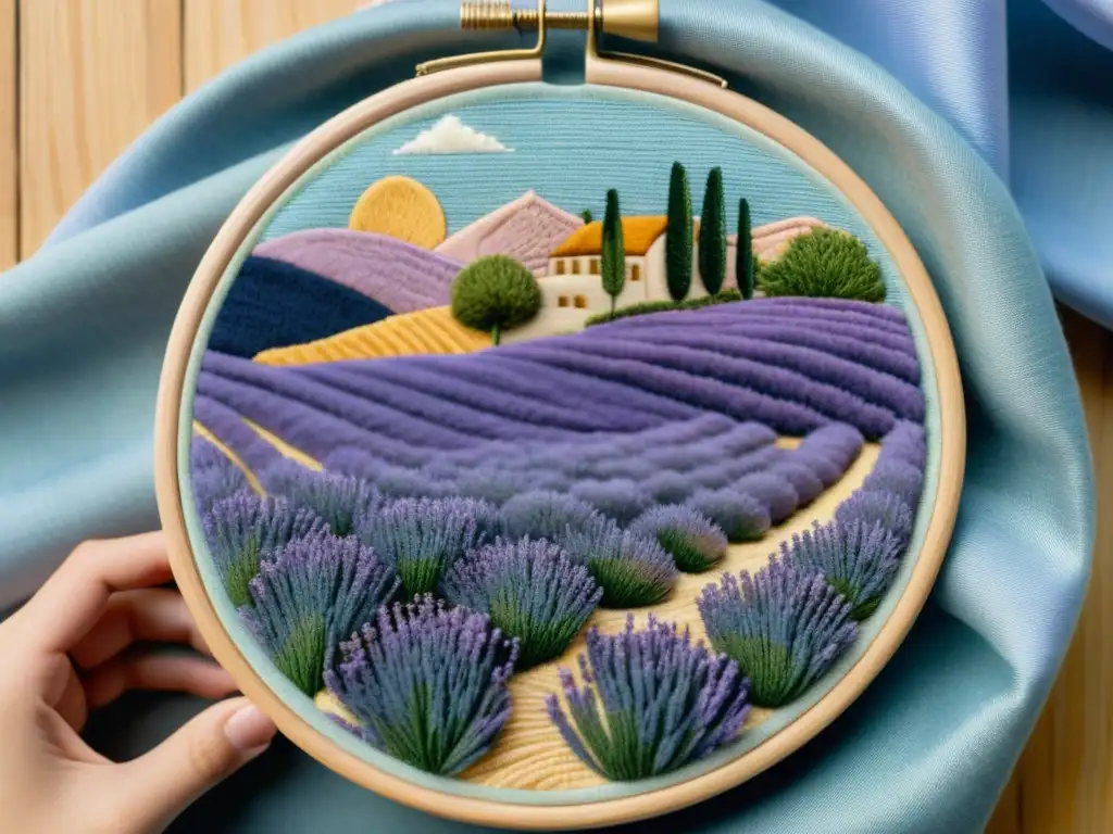 Bordado detallado en aro de madera con hilos de lavanda, reflejando talleres de arte textil en los campos de lavanda de Provenza