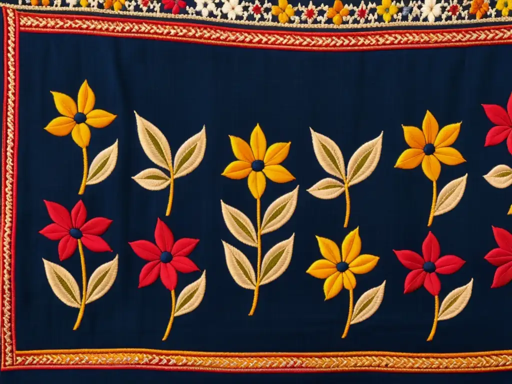 Bordado Phulkari: exquisitos patrones florales en tonos terrosos sobre tela índigo, reflejando su significado cultural