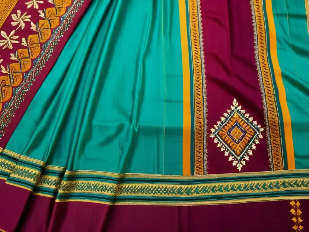 Bordado Kasuti en un vintage saree, muestra el diseño cultural de Karnataka, con colores vibrantes y delicada artesanía