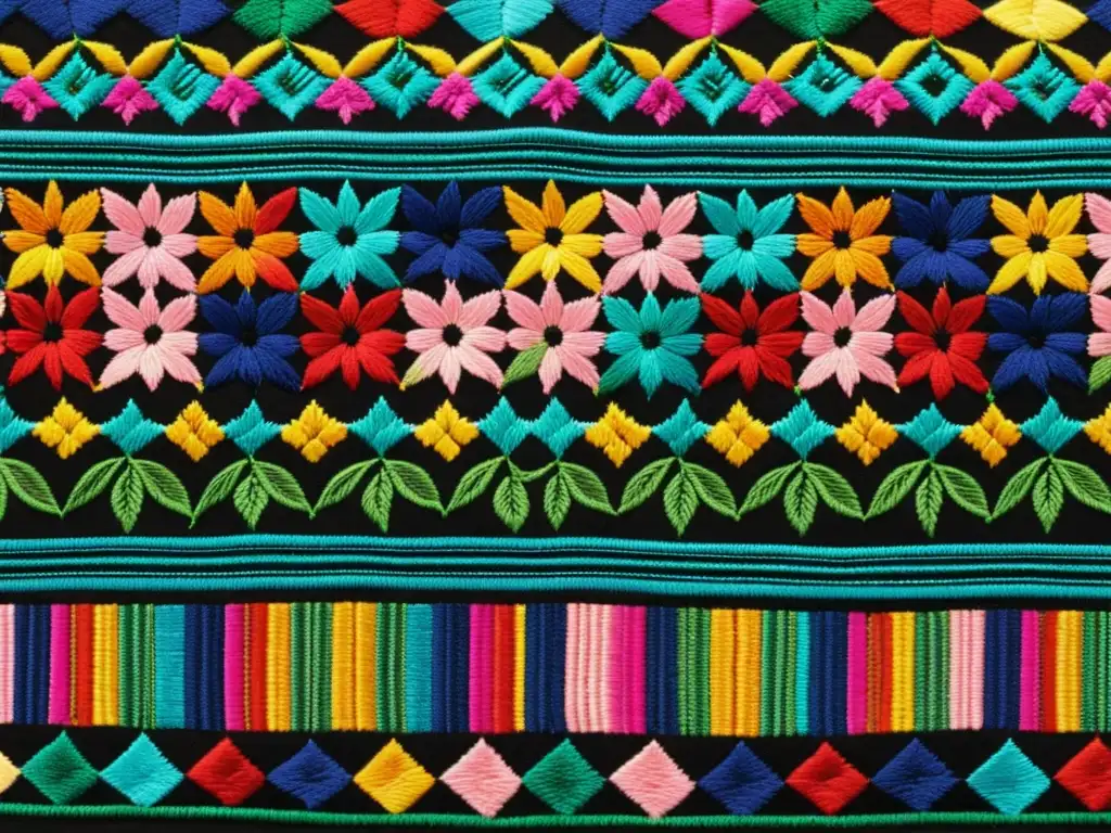 Bordado a mano tradicional latinoamericano con vibrantes colores y detallados patrones florales y geométricos, reflejando la rica artesanía cultural