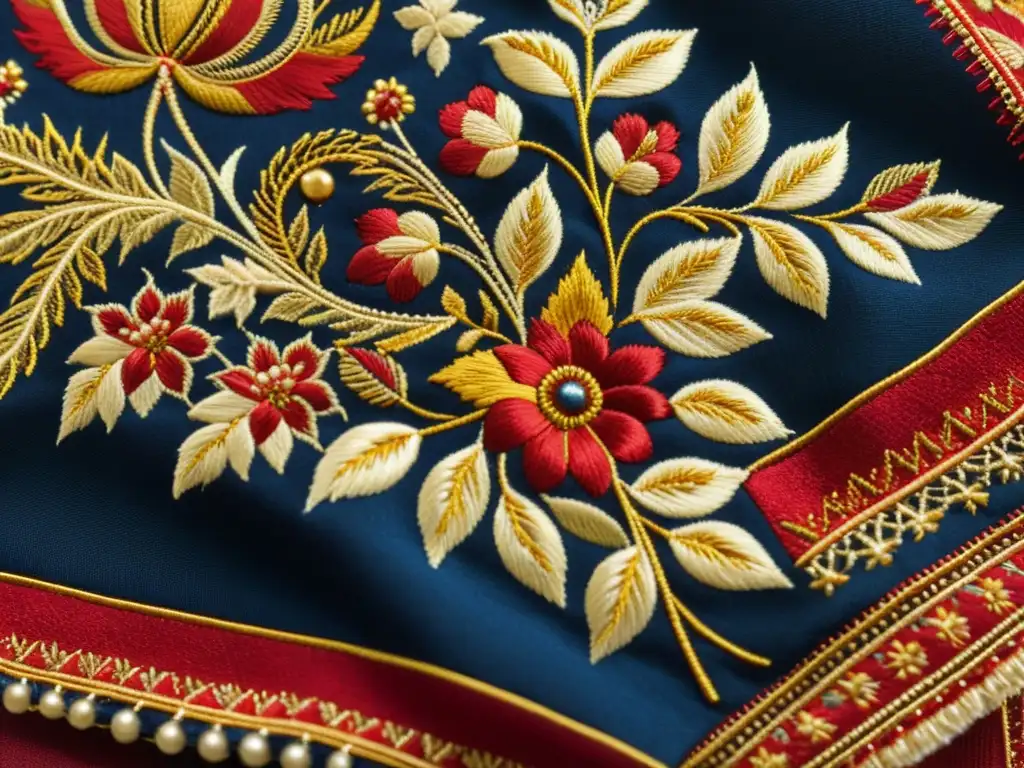 Bordados con historia en Rusia: Detalle de bordado vintage ruso con patrones florales intricados en colores profundos como el carmesí, el oro y el azul marino, mostrando la artesanía y belleza cultural