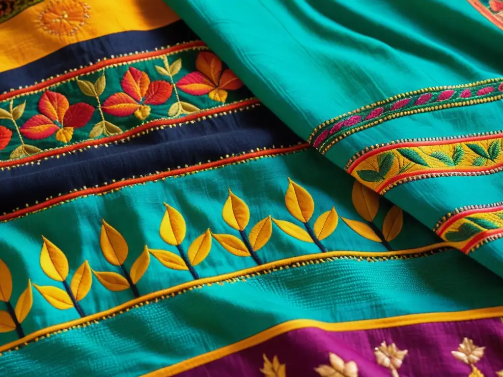 Bordados bengalíes con historias: Detalle de un kantha vintage con colores vibrantes y delicados bordados, que cuentan historias de herencia cultural y artesanía