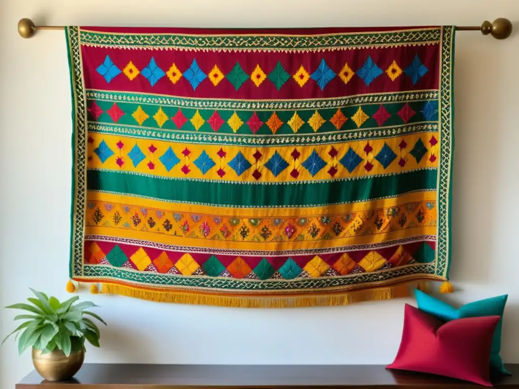 Bordados Phulkari Punjab: Textil vintage con bordados intrincados y colores vibrantes, evocando tradición y historia