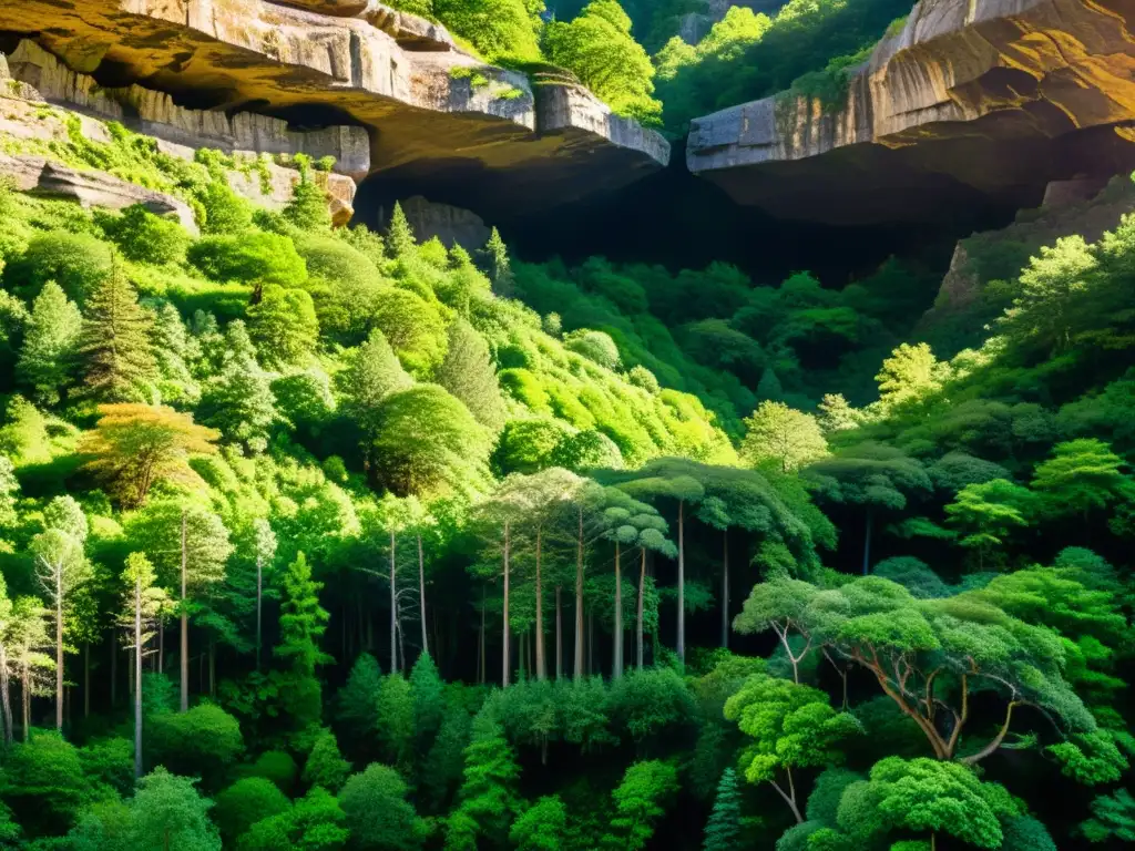 Un bosque exuberante se entrelaza con formaciones rocosas detalladas, creando un equilibrio natural de patrones geológicos y vida silvestre