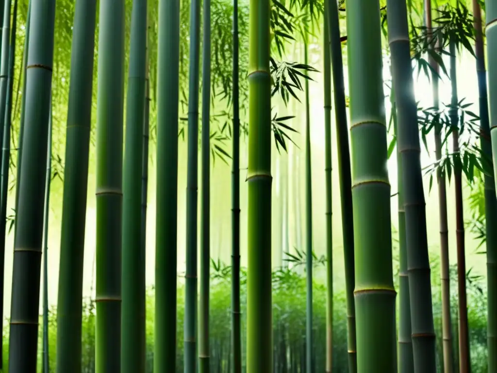 Un bosque de bambú japonés vintage, con patrones de crecimiento hipnóticos entre la luz filtrada