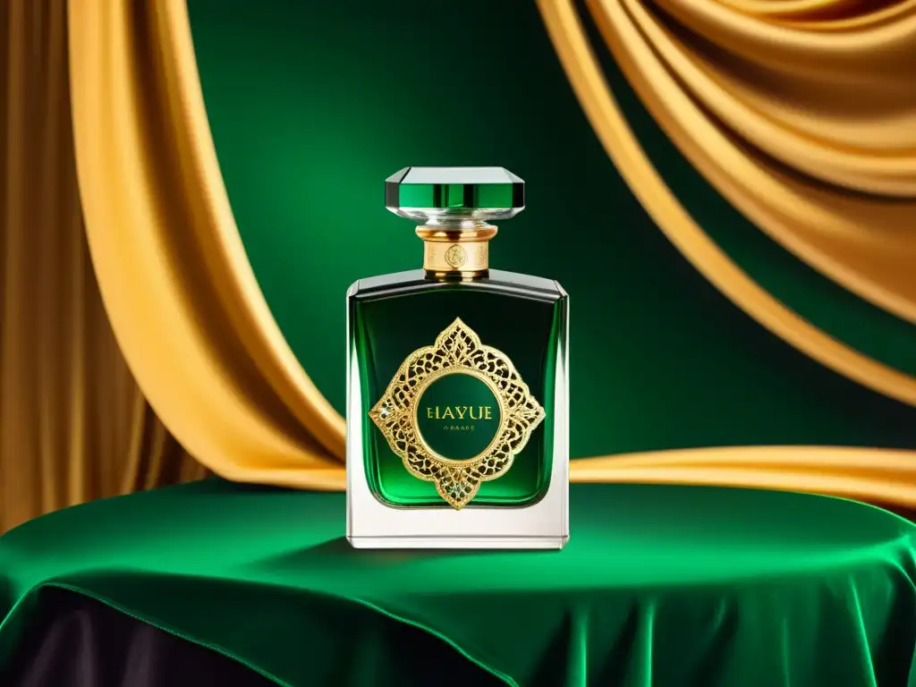 Botella vintage de perfume de lujo con detalles de filigrana dorada y tapón de esmeralda, en un entorno opulento con luz de velas doradas