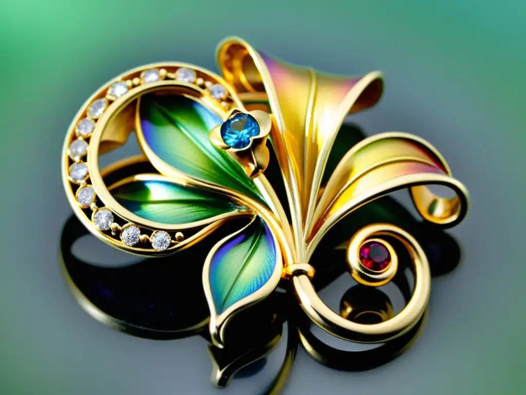 Una broche Art Nouveau deslumbrante, con patrones y diseños de joyería modernista, en oro, esmalte vibrante y gemas brillantes, representando una flor de lirio