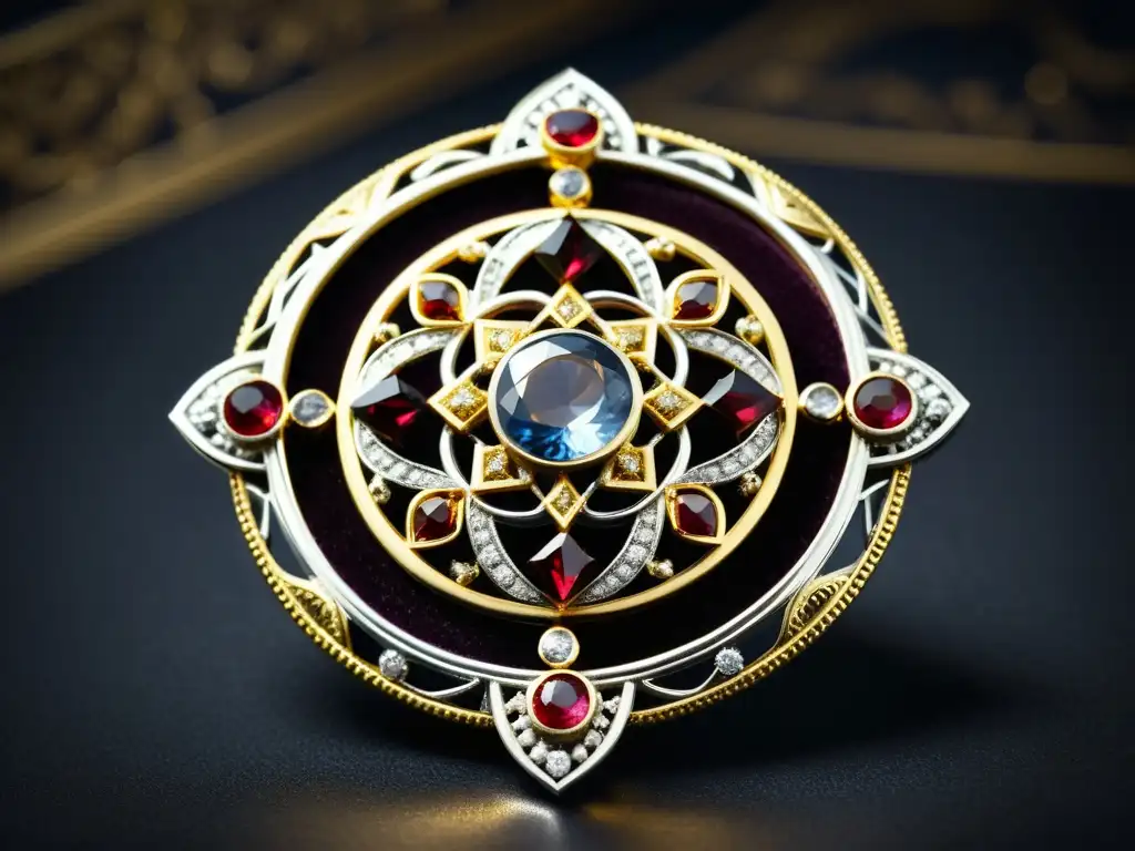 Broche vintage con patrones geométricos en joyería de lujo, filigrana en oro y plata con gemas brillantes sobre terciopelo oscuro