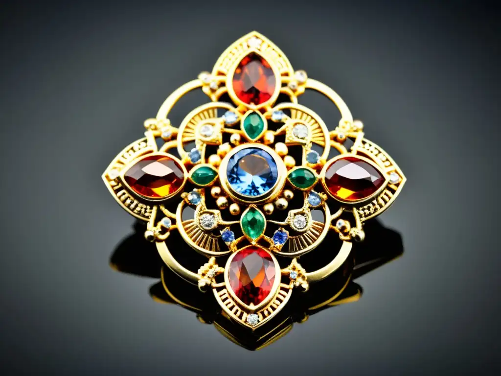 Un broche vintage con patrones geométricos e incrustaciones de gemas en simetría perfecta, reflejando elegancia cultural en joyas exclusivas