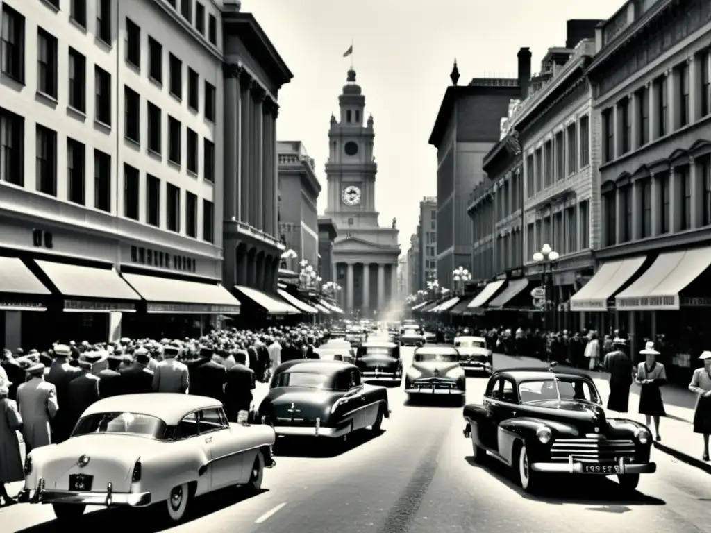 Una bulliciosa calle de la ciudad de los años 50, llena de arquitectura ornamental, coches clásicos y gente vestida a la moda