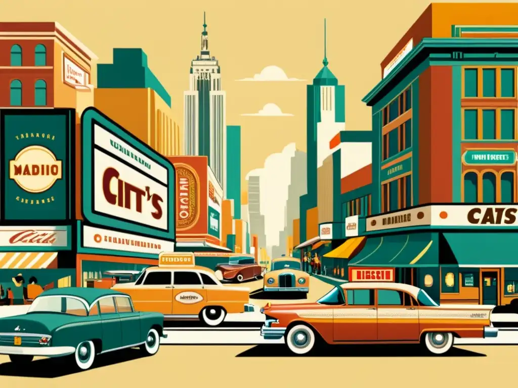 Una ilustración vintage de una bulliciosa calle de la ciudad con anuncios clásicos y vallas publicitarias que muestran productos y servicios de diferentes épocas